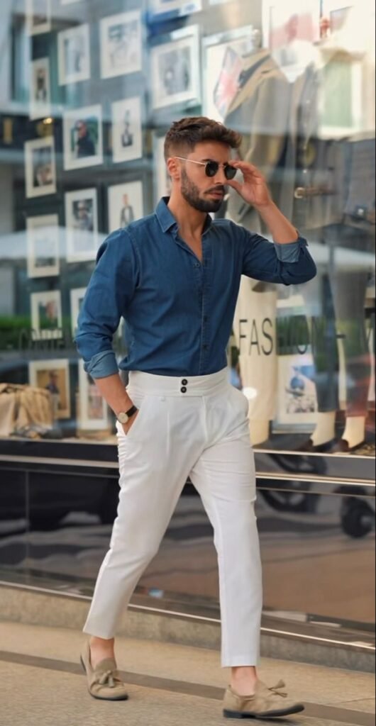 best casual dress for men's in kottakkal brand blue shirt and white pant