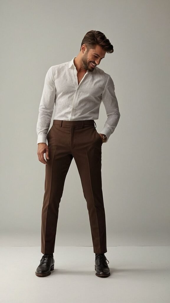 best casual dress for men's in kottakkal best men's collection in kottakkal brand white shirt and brown formal pant